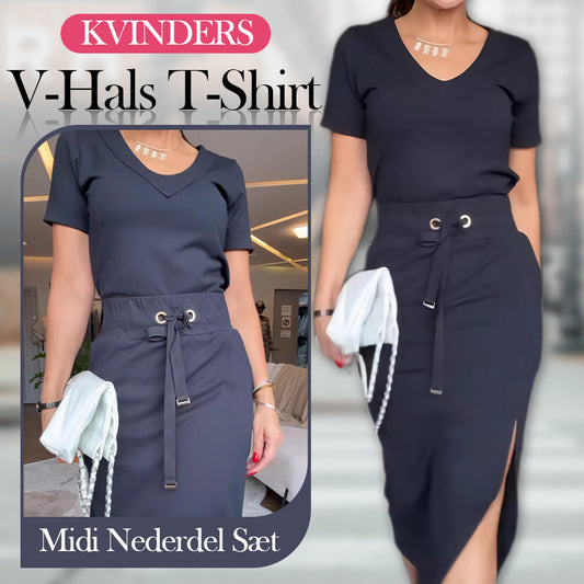 Kvinders V-Hals T-Shirt & Midi Nederdel Sæt
