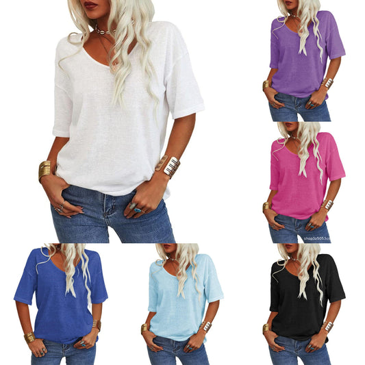💖2025 Sommerens Hotte Udsalg💥 Ensfarvet T-Shirt med V-hals til Kvinder