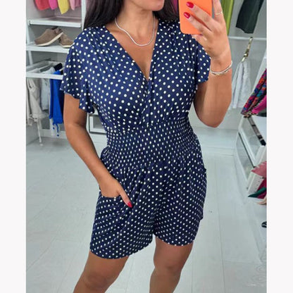 🔥Sidste Dags Udsalg 49%🔥Polkaprikket Jumpsuit med V-Udskæring og Shorts i ét Stykke