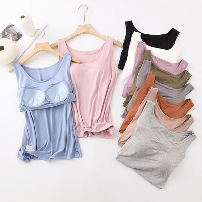 🎁Varmt salg 50% rabat👉Klassisk ensfarvet tank-top med indbygget bh til kvinder🎉