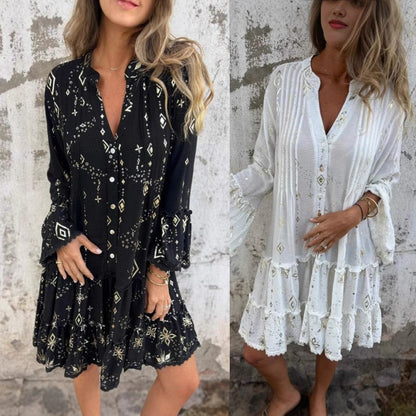 🔥🖤Black Friday Udsalg -50% Rabat🔥Komfortabel V-Hals Midikjole med Geometrisk Print til Kvinder