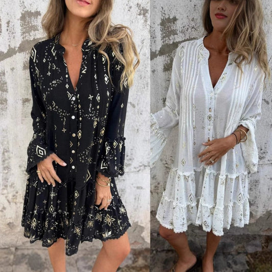 🔥🖤Black Friday Udsalg -50% Rabat🔥Komfortabel V-Hals Midikjole med Geometrisk Print til Kvinder