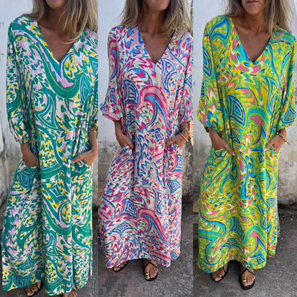🎉Nyt Varmt Salg -50% Rabat🥰Boheme-maxikjole med V-udskæring og abstrakt print til kvinder