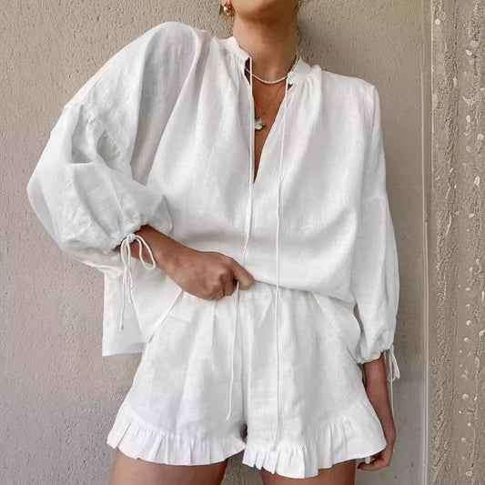 💖VARMT SALG MED 50% RABAT💖Åndbart, elegant, løstsiddende 2-delt sæt med pufærmer til kvinder