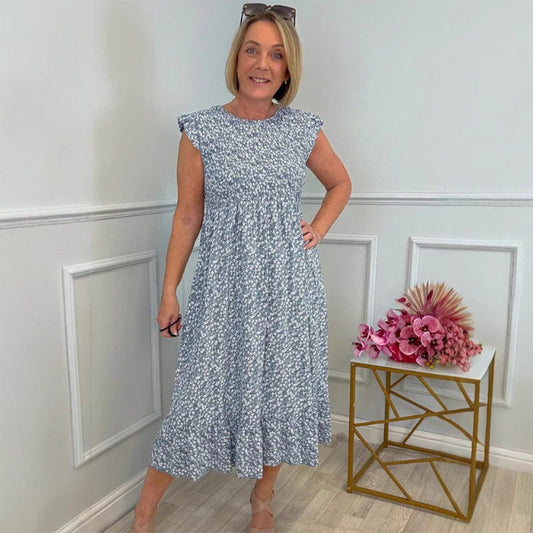 💃 Elegant blommig klänning med hög midja och manschetter för damer