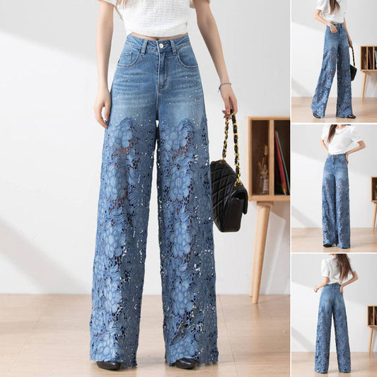 💖Højtaljede blå denimbukser med brede ben til kvinder (udhulede blondepaneler)