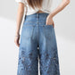 💖Højtaljede blå denimbukser med brede ben til kvinder (udhulede blondepaneler)