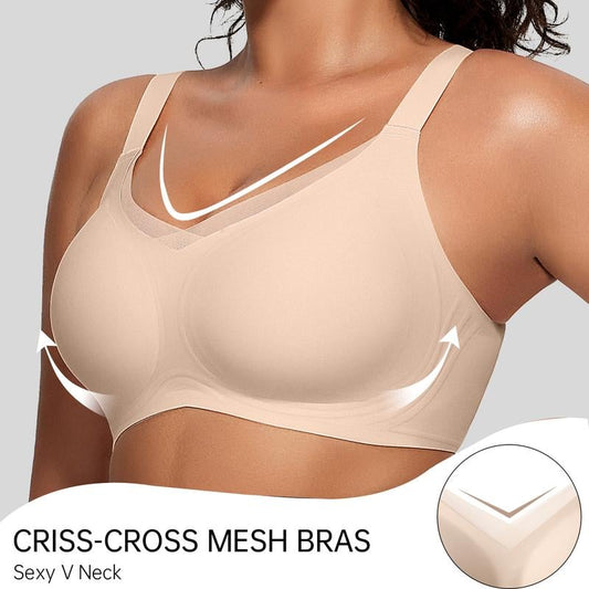 ✨Åndbar og ikke indelukket😍Trådløs V-hals crossover mesh sømløs push-up bh til kvinder