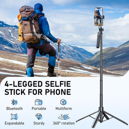 📱 50 % RABAT!! Selfiestang med 4 ben – udtrækkelig med et enkelt tryk, kan forlænges til 180 cm, står stabilt på alle underlag! ✨🎥