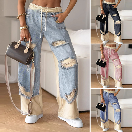 Patchwork-denimbukser med elastisk snøre og brede ben