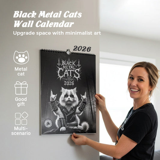 Kalender 2026 med sort metal-kat mønster