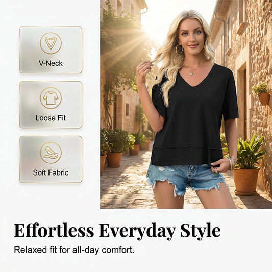 Damtopp med kort ärm, V-ringning och skarvad fåll