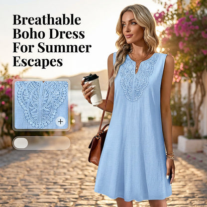 👗 BEGRÆNSET TID: 50 % RABAT! 💥 Åndbar, afslappet sommerkjole – broderet V-udskæring, krølfri, alsidig ✨