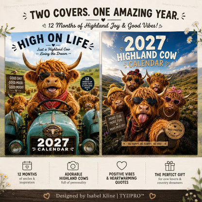 🐮2027 Highlandko vægkalender – Sjov A4-kalender til hjemmet | Designet af Isabel Kline🎨📆