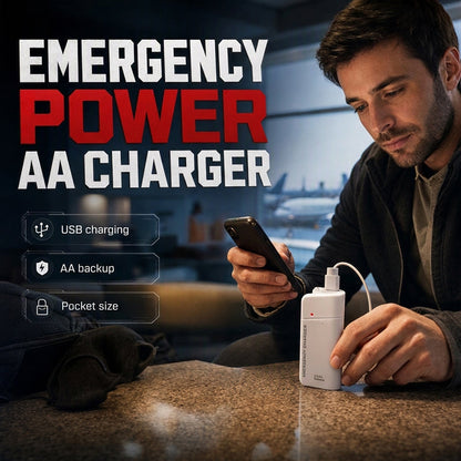 Bærbar nødoplader til mobiltelefoner – powerbank drevet af AA-batterier med LED-lommelygte